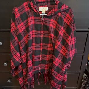 Womens plaid full zip poncho with hood
